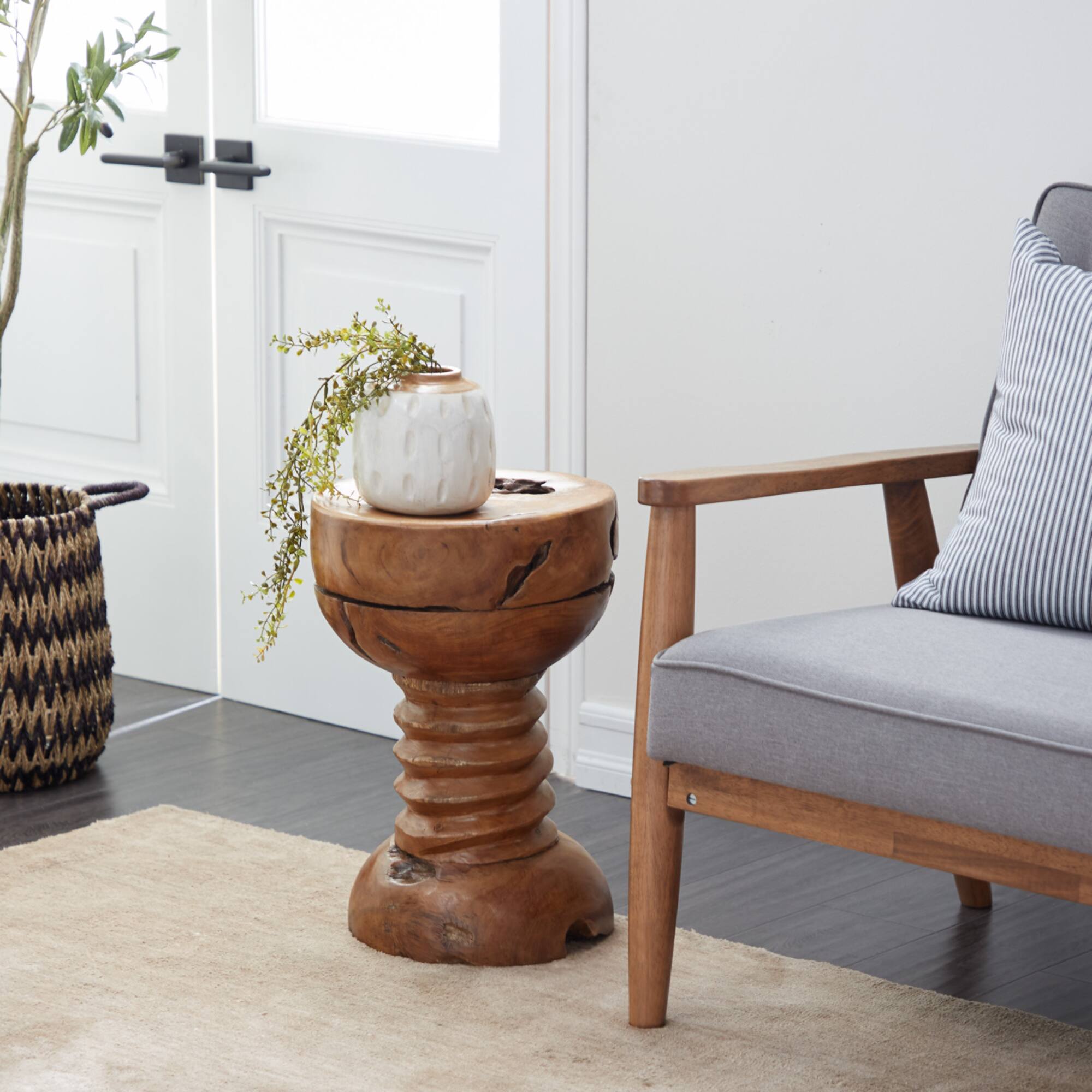 20" Brown Teak Wood Rustic Stool